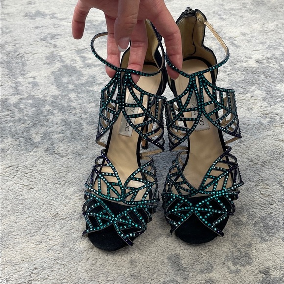 Jimmy Choo Kallai Leaf Sandal Heels Embellished Crystal Designer Sz 40 - Picture 4 of 14